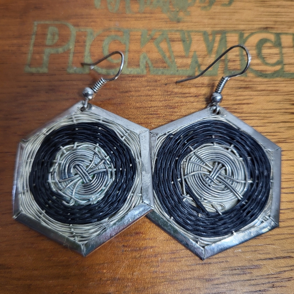 Silver Tone and Black Wire Wrapped Hexagonal SpiderWeb Pierced Earrings